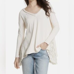 Free People Women  No Frills Lace Inset Asymmetrical Top Boho L [H-22]